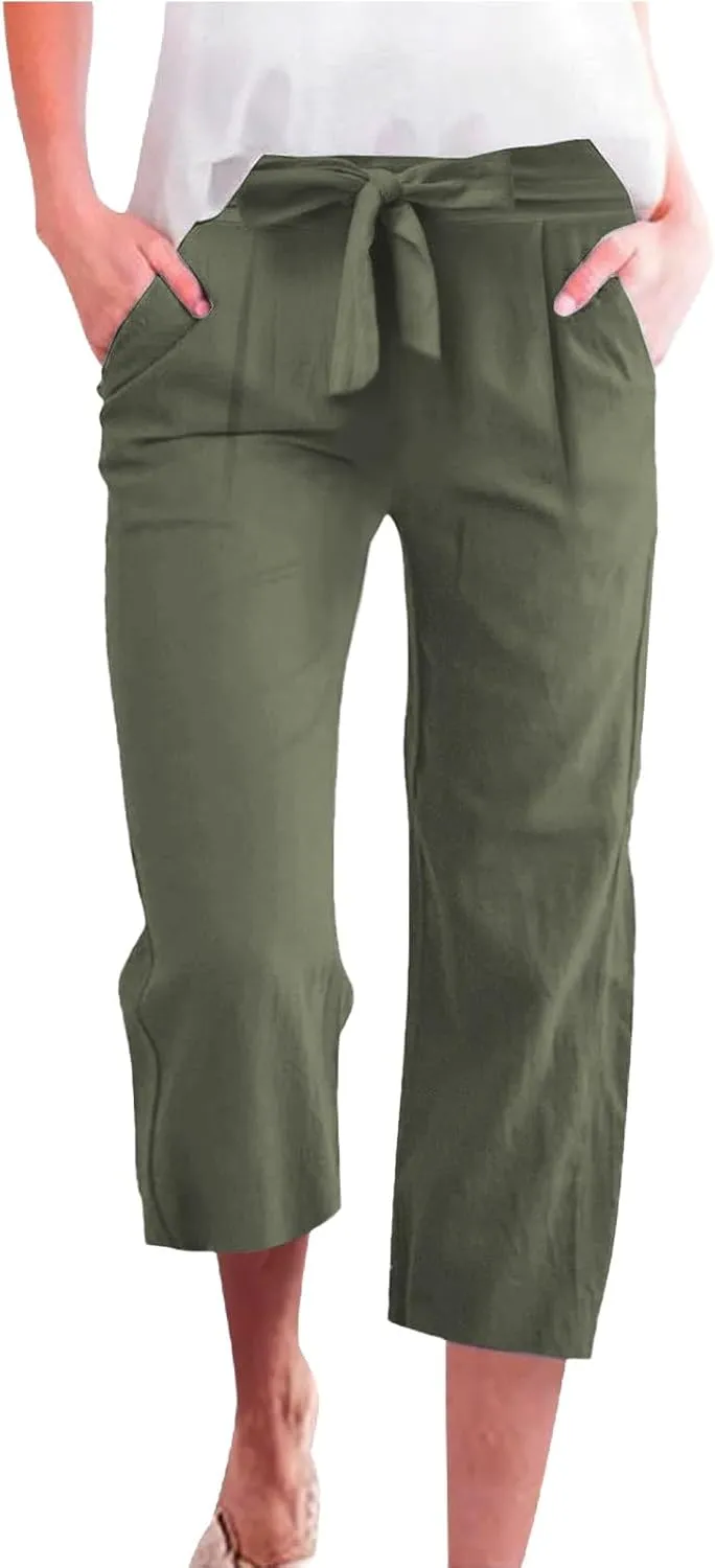 Capri Pants for Women Casual 2025 Summer Solid Color Elastic High Waist Straight Wide Leg Pockets Linen Pant