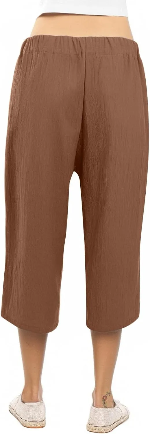 Capri Pants for Women Casual 2025 Summer Solid Color Elastic High Waist Straight Wide Leg Pockets Linen Pant