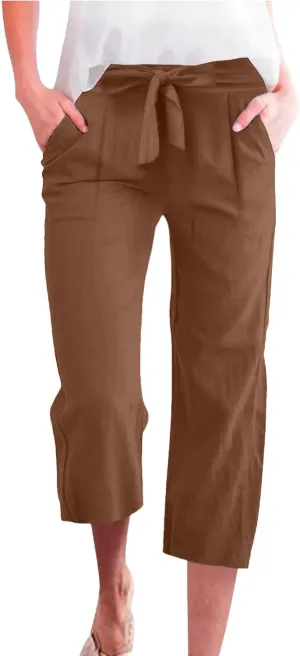 Capri Pants for Women Casual 2025 Summer Solid Color Elastic High Waist Straight Wide Leg Pockets Linen Pant