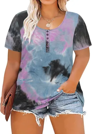 CARCOS Plus Size Tops for Women Button Up Henley Shirts Short Sleeve Summer T-Shirts V/Crewneck Casual Trendy Tunics XL-5XL