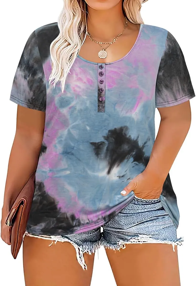 CARCOS Plus Size Tops for Women Button Up Henley Shirts Short Sleeve Summer T-Shirts V/Crewneck Casual Trendy Tunics XL-5XL