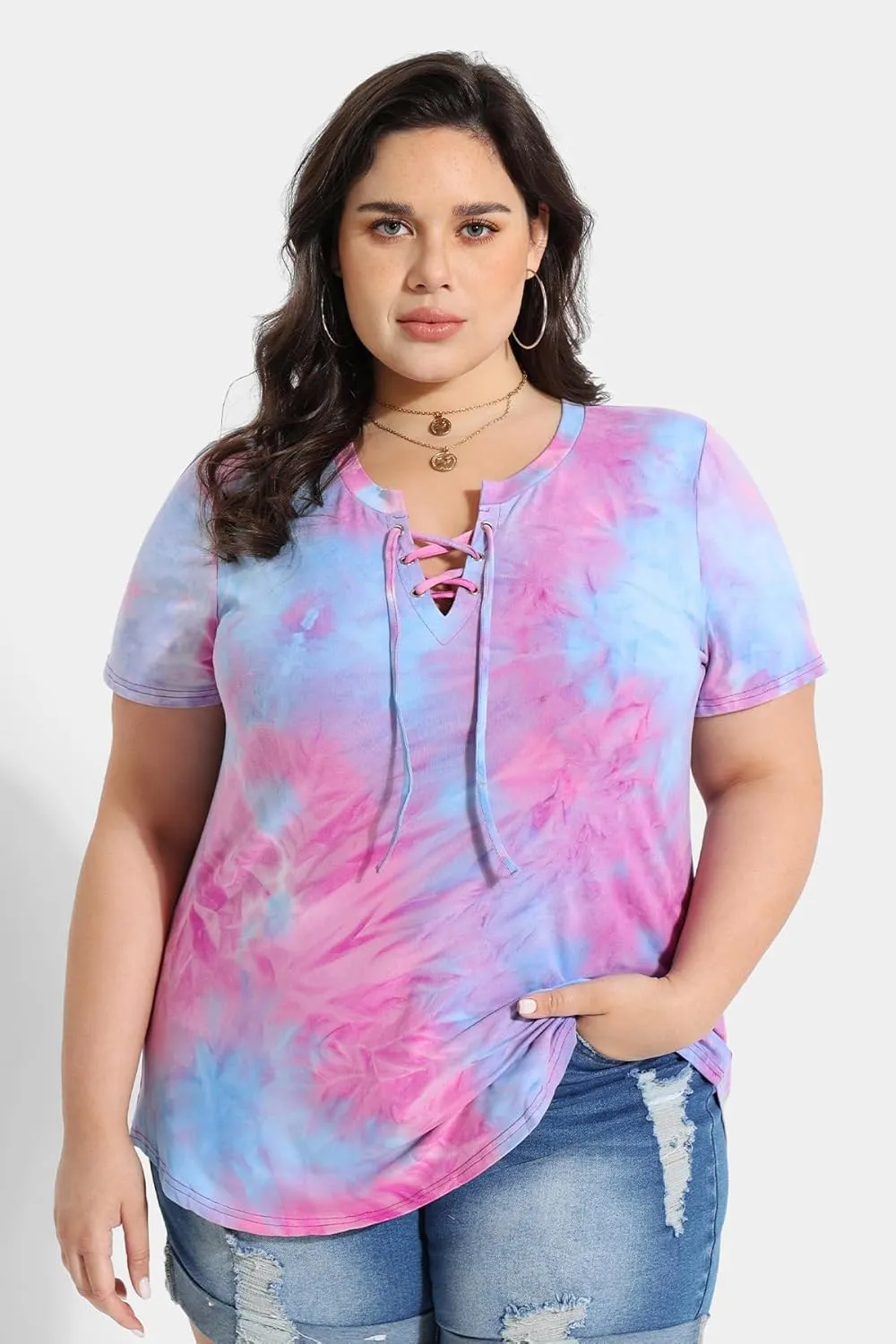 CARCOS Womens Plus Size Tops Short Sleeve Shirts V Neck Tunic Floral/Tie Dye/Solid Summer Tees XL-5X