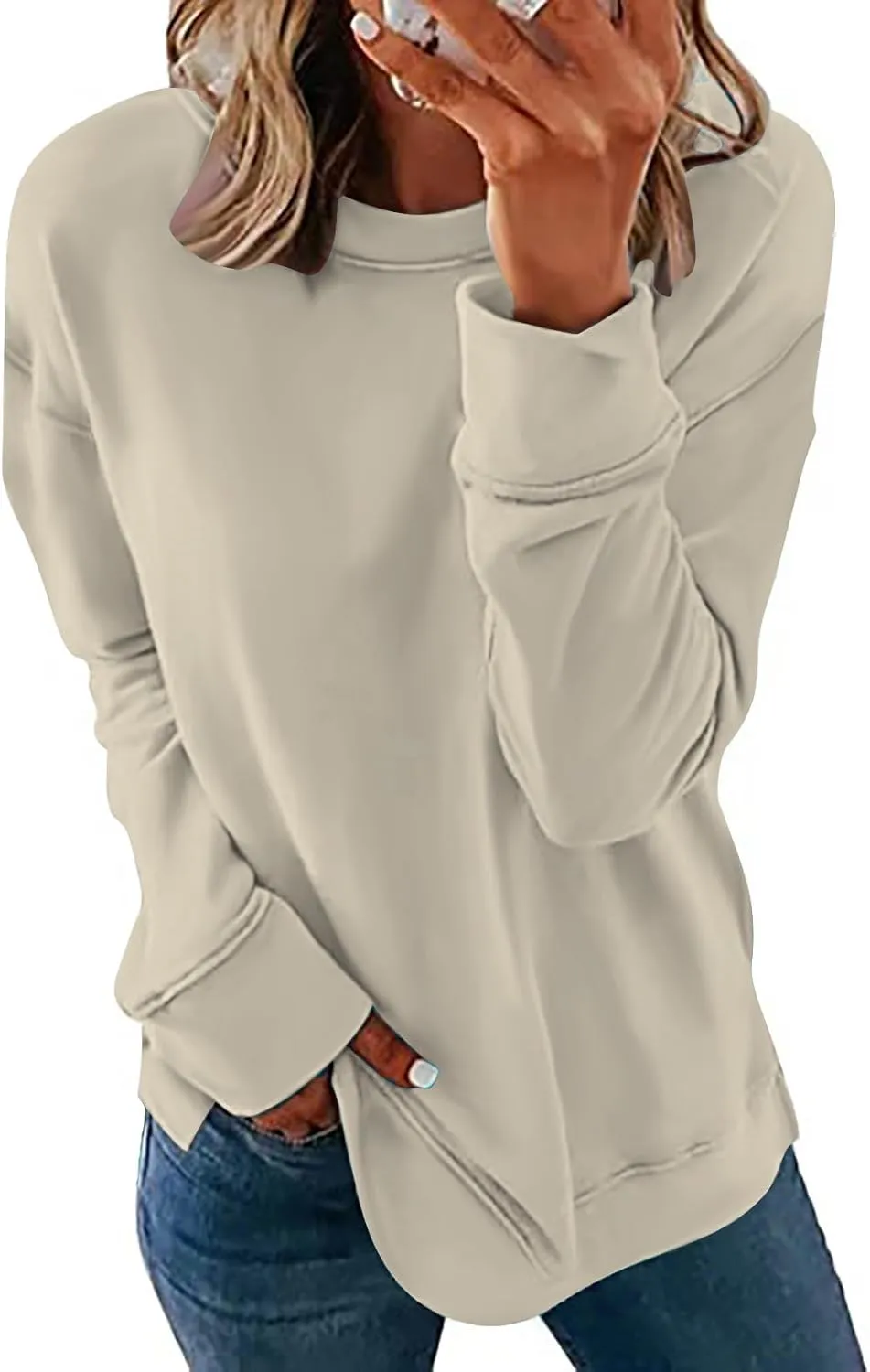 Ceboyel Womens Long Sleeve Shirts 2023 Solid Color Crew Neck Sweatshirts Loose Fit Pullover Tops Trendy Casual Fall Clothes