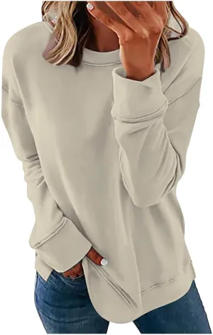 Ceboyel Womens Long Sleeve Shirts 2023 Solid Color Crew Neck Sweatshirts Loose Fit Pullover Tops Trendy Casual Fall Clothes