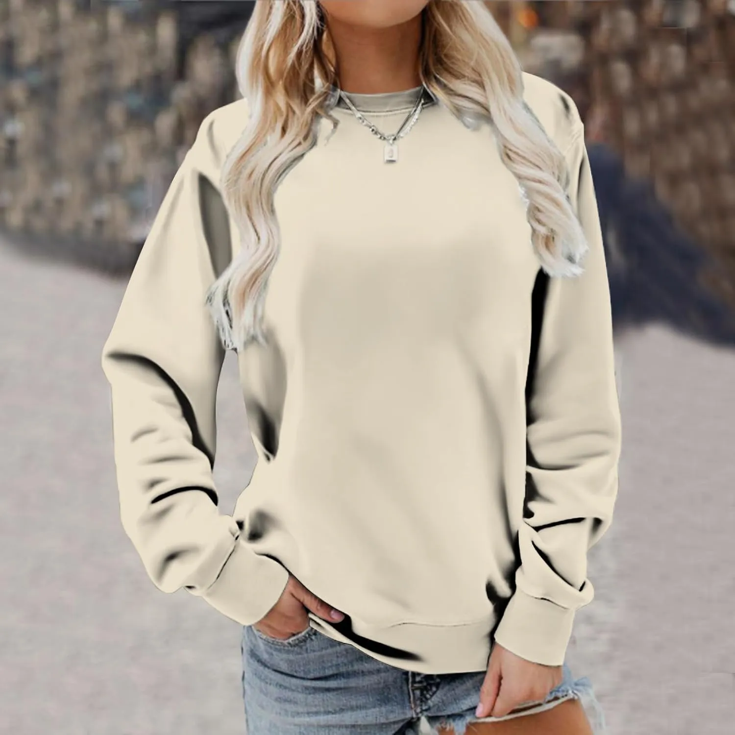Ceboyel Womens Long Sleeve Shirts 2023 Solid Color Crew Neck Sweatshirts Loose Fit Pullover Tops Trendy Casual Fall Clothes