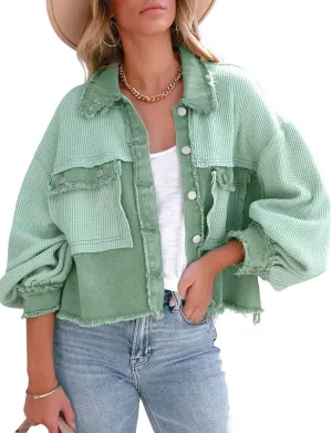 chouyatou Women's Cropped Waffle Knit Jacket Boyfriend Button Down Shirt Shacket Tops