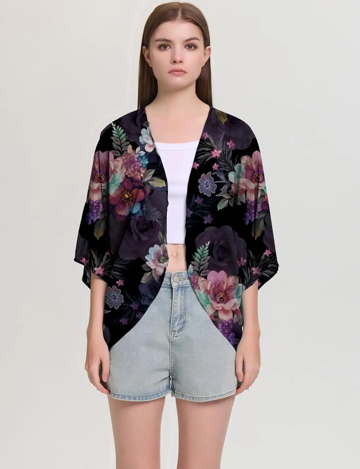 Chunoy Women Chiffon Kimono Cardigan Short Sleeve Open Front Tops Beach Wear Cover Up