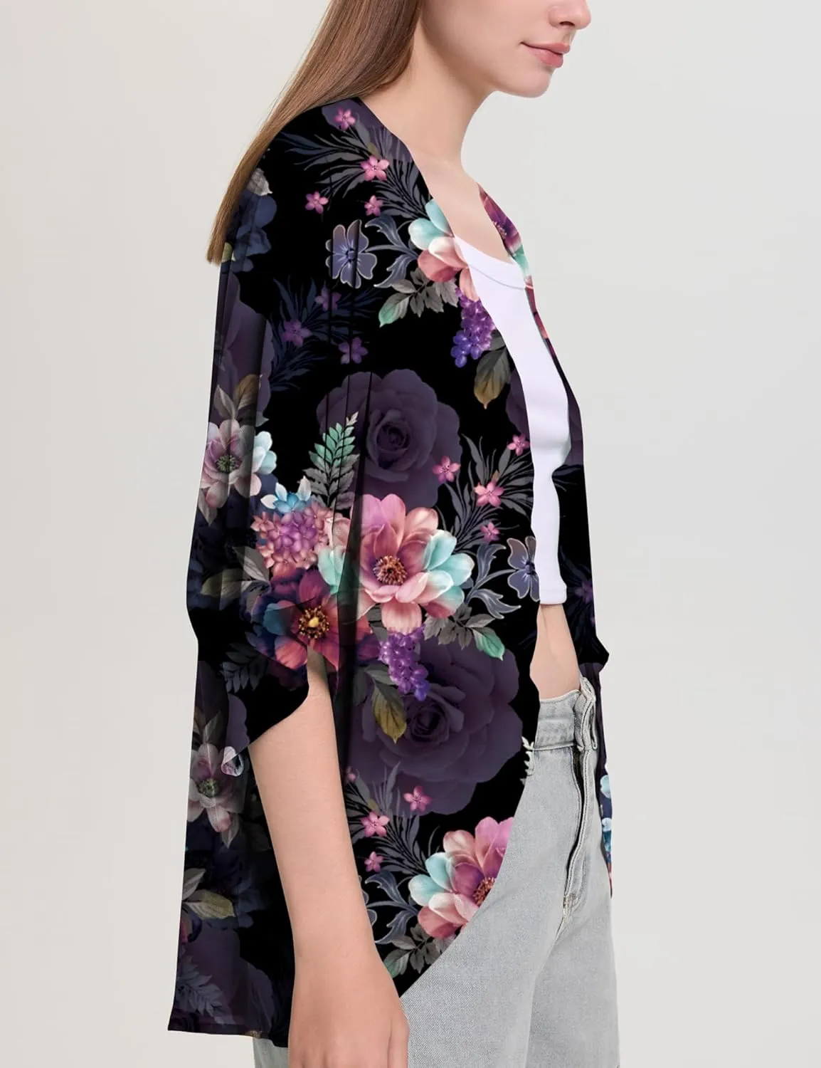 Chunoy Women Chiffon Kimono Cardigan Short Sleeve Open Front Tops Beach Wear Cover Up