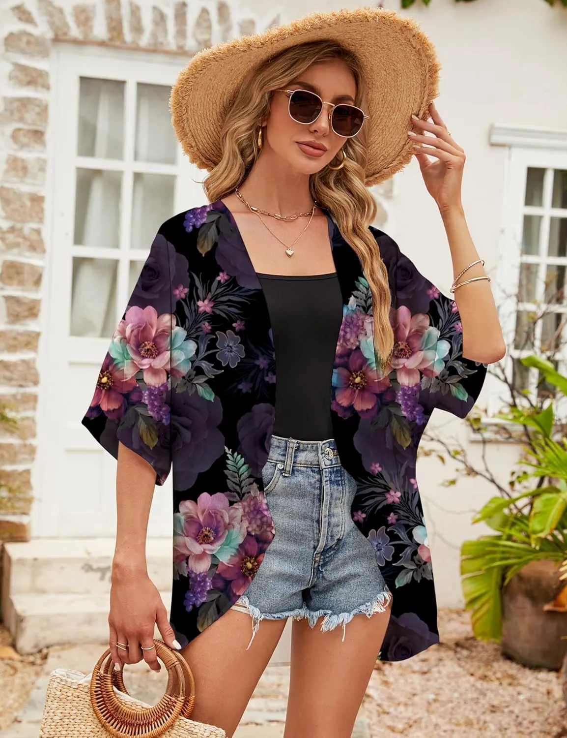 Chunoy Women Chiffon Kimono Cardigan Short Sleeve Open Front Tops Beach Wear Cover Up
