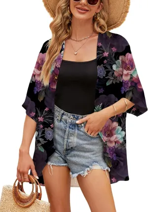 Chunoy Women Chiffon Kimono Cardigan Short Sleeve Open Front Tops Beach Wear Cover Up