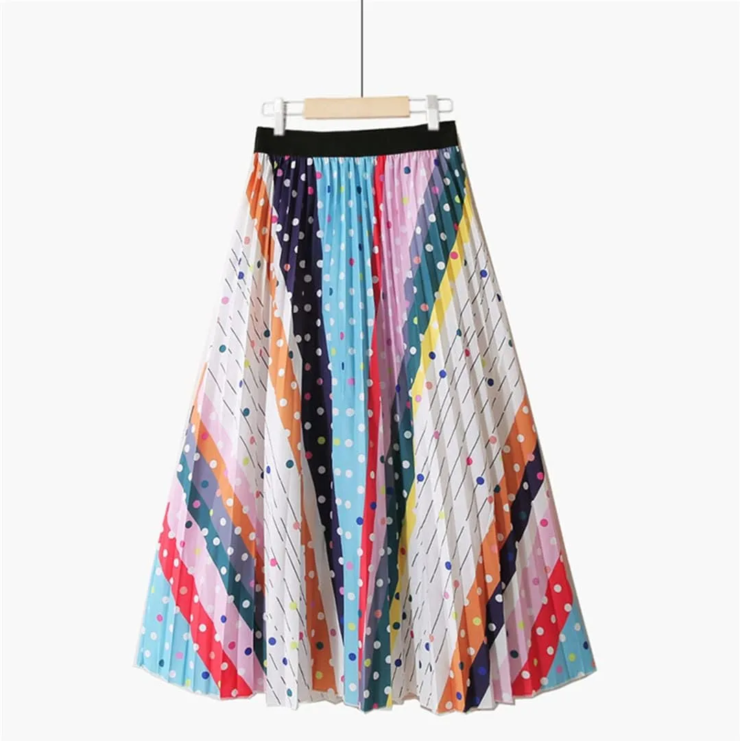 Colorful Dots Striped Summer Midi Long Pleated Skirt Women Korean Style Mid-Length High Waist A Line Skirt Female