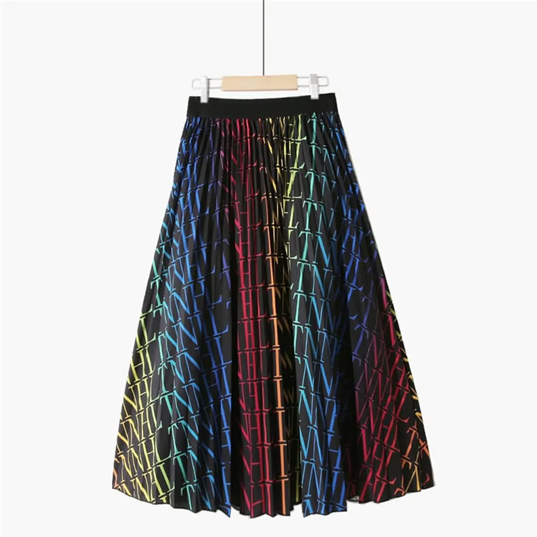 Colorful Dots Striped Summer Midi Long Pleated Skirt Women Korean Style Mid-Length High Waist A Line Skirt Female