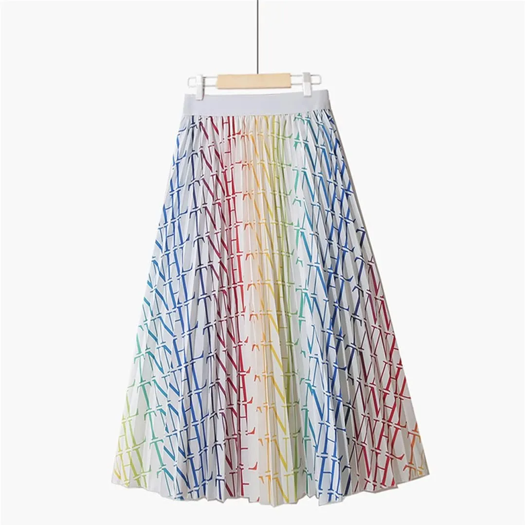 Colorful Dots Striped Summer Midi Long Pleated Skirt Women Korean Style Mid-Length High Waist A Line Skirt Female