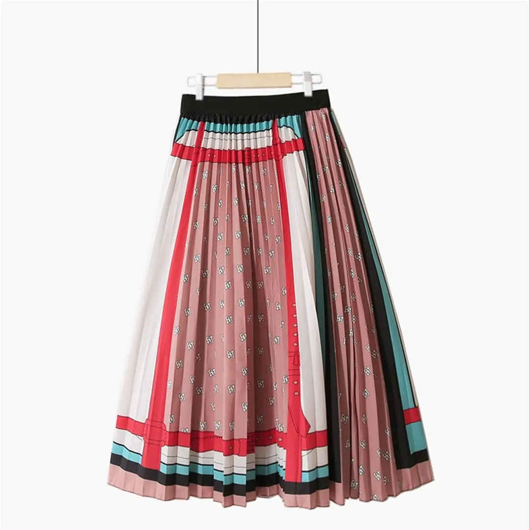 Colorful Dots Striped Summer Midi Long Pleated Skirt Women Korean Style Mid-Length High Waist A Line Skirt Female
