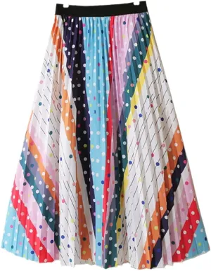 Colorful Dots Striped Summer Midi Long Pleated Skirt Women Korean Style Mid-Length High Waist A Line Skirt Female