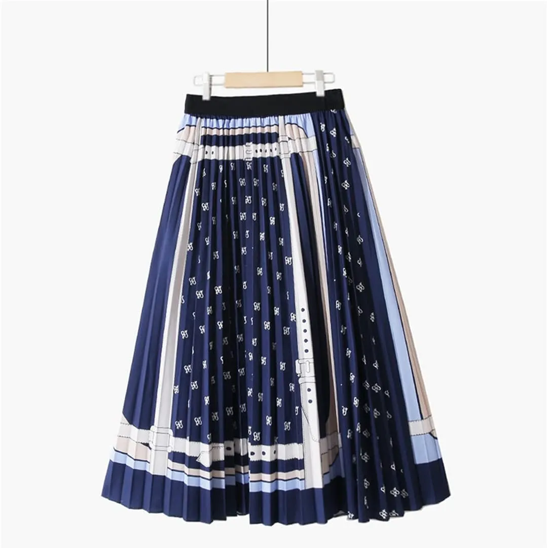 Colorful Dots Striped Summer Midi Long Pleated Skirt Women Korean Style Mid-Length High Waist A Line Skirt Female