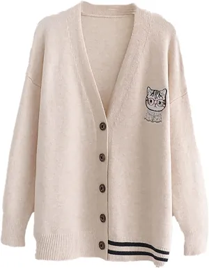 CORIRESHA Women's Cute Cat Embroidered Cardigan Sweater Panel Striped Knit Coat