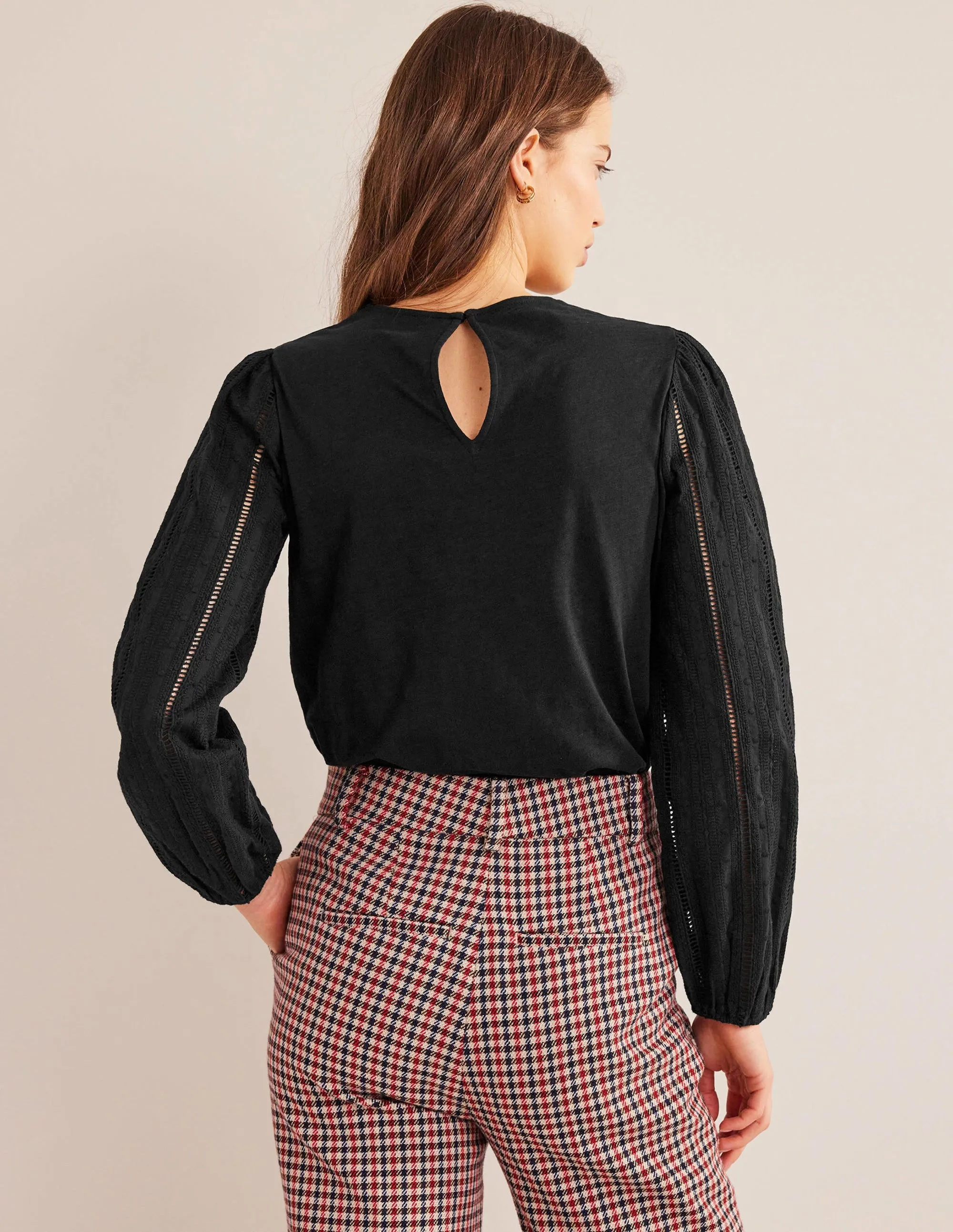 Crew Neck Broderie Sleeve Top-Black