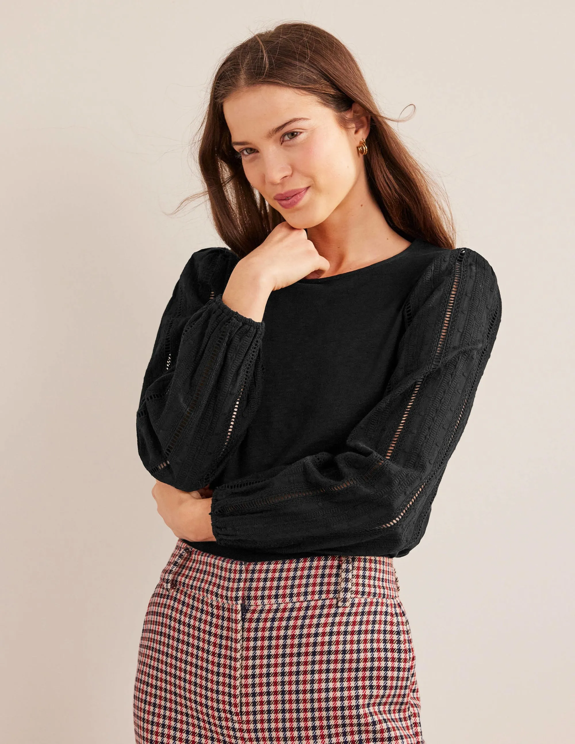 Crew Neck Broderie Sleeve Top-Black