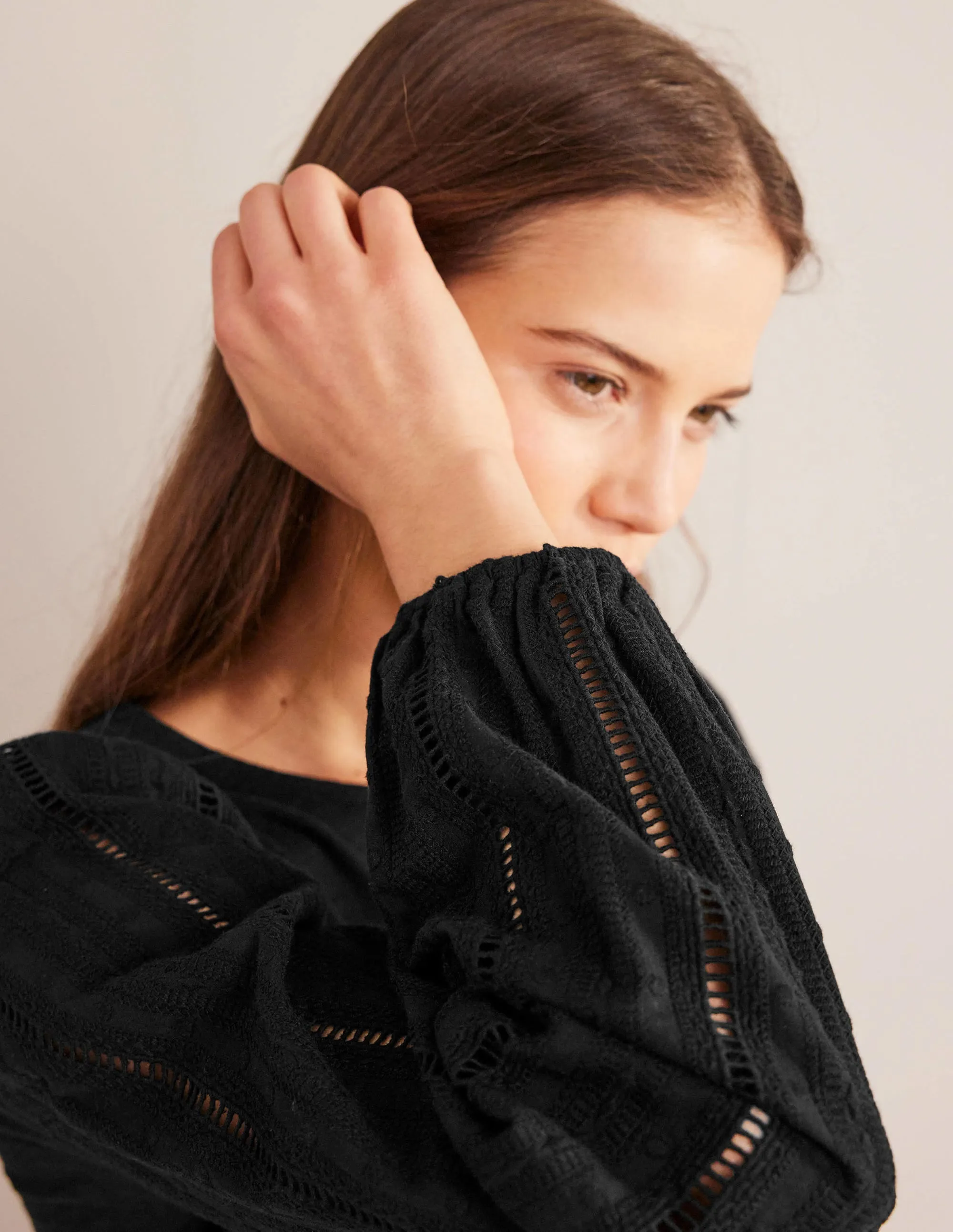 Crew Neck Broderie Sleeve Top-Black