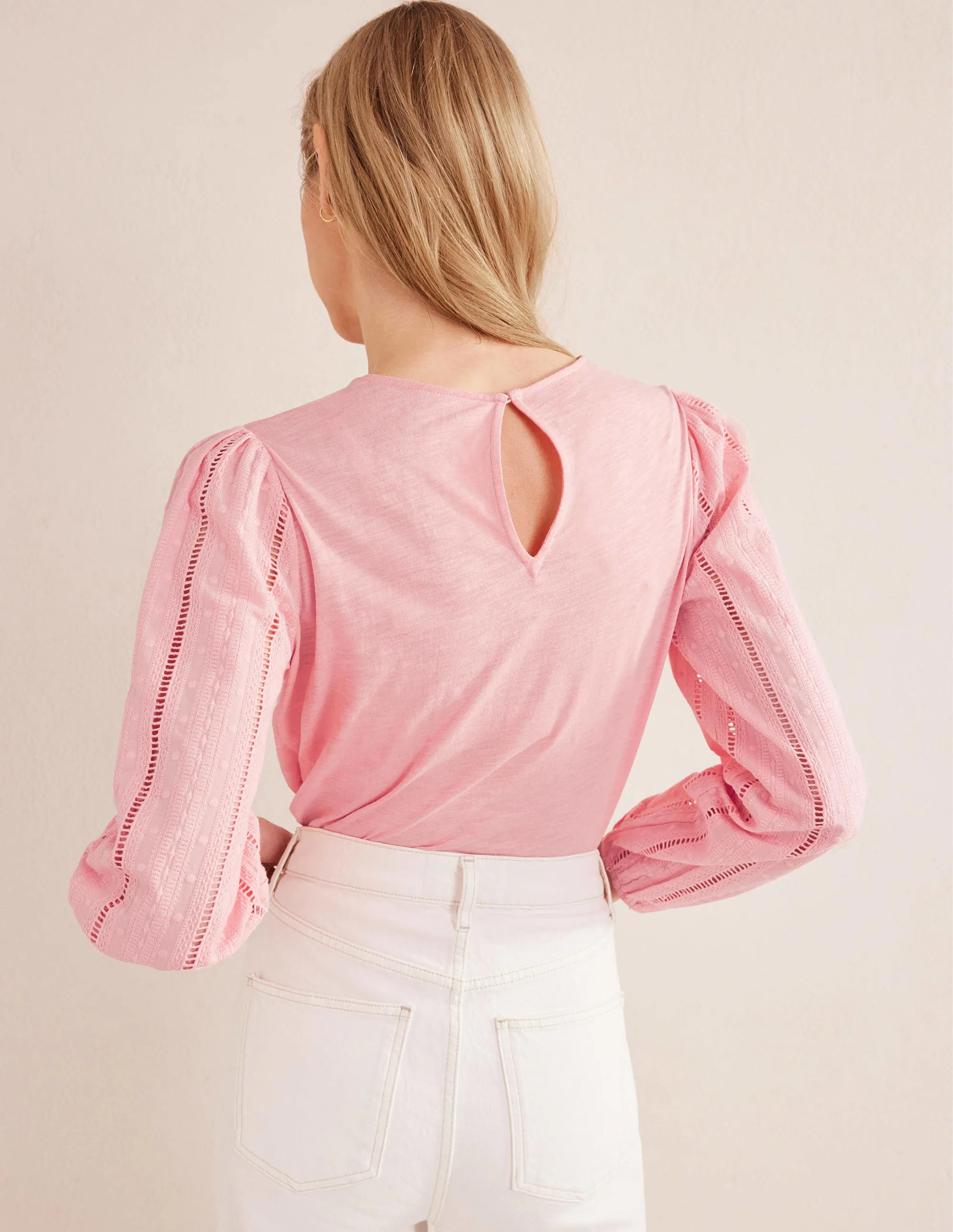 Crew Neck Broderie Sleeve Top-Dahlia Pink