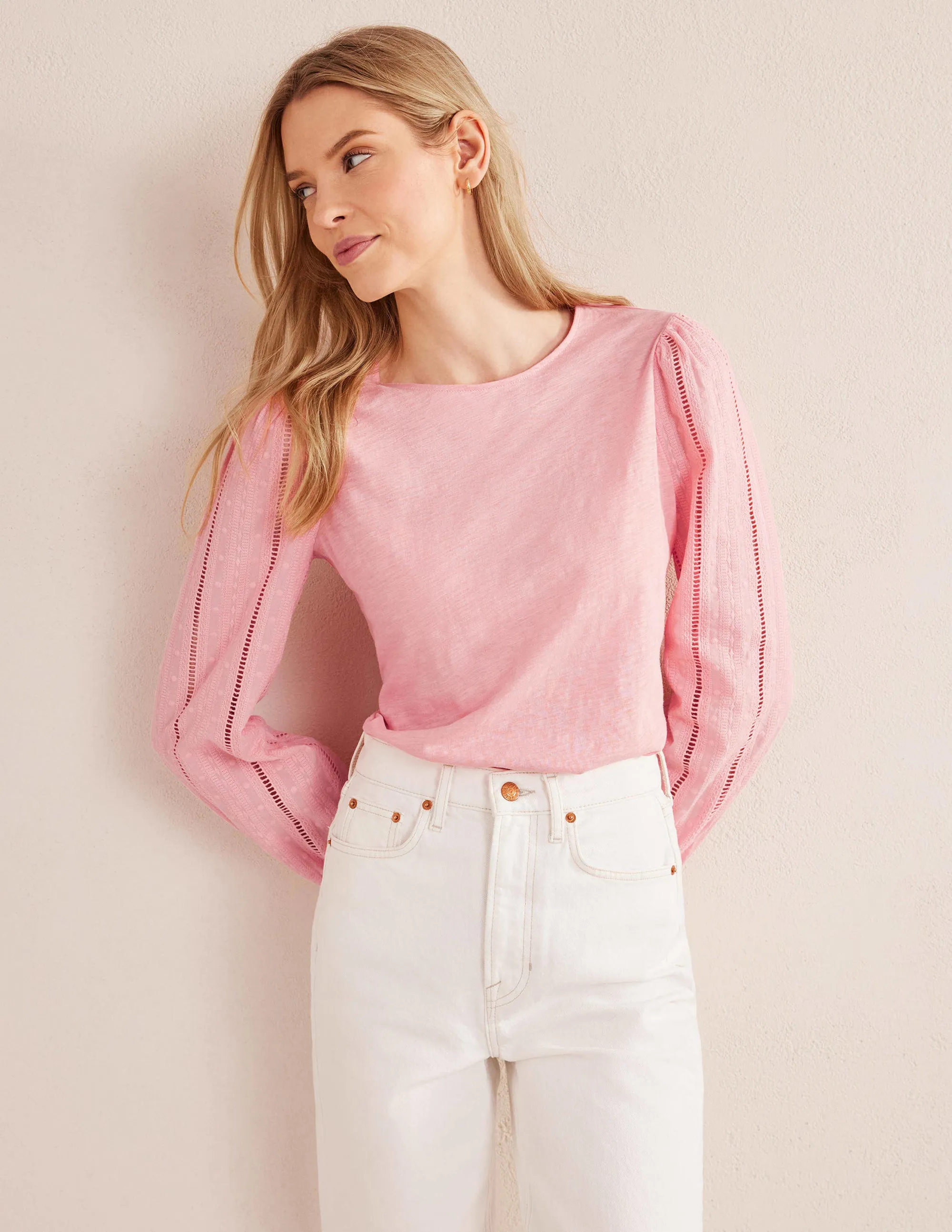 Crew Neck Broderie Sleeve Top-Dahlia Pink