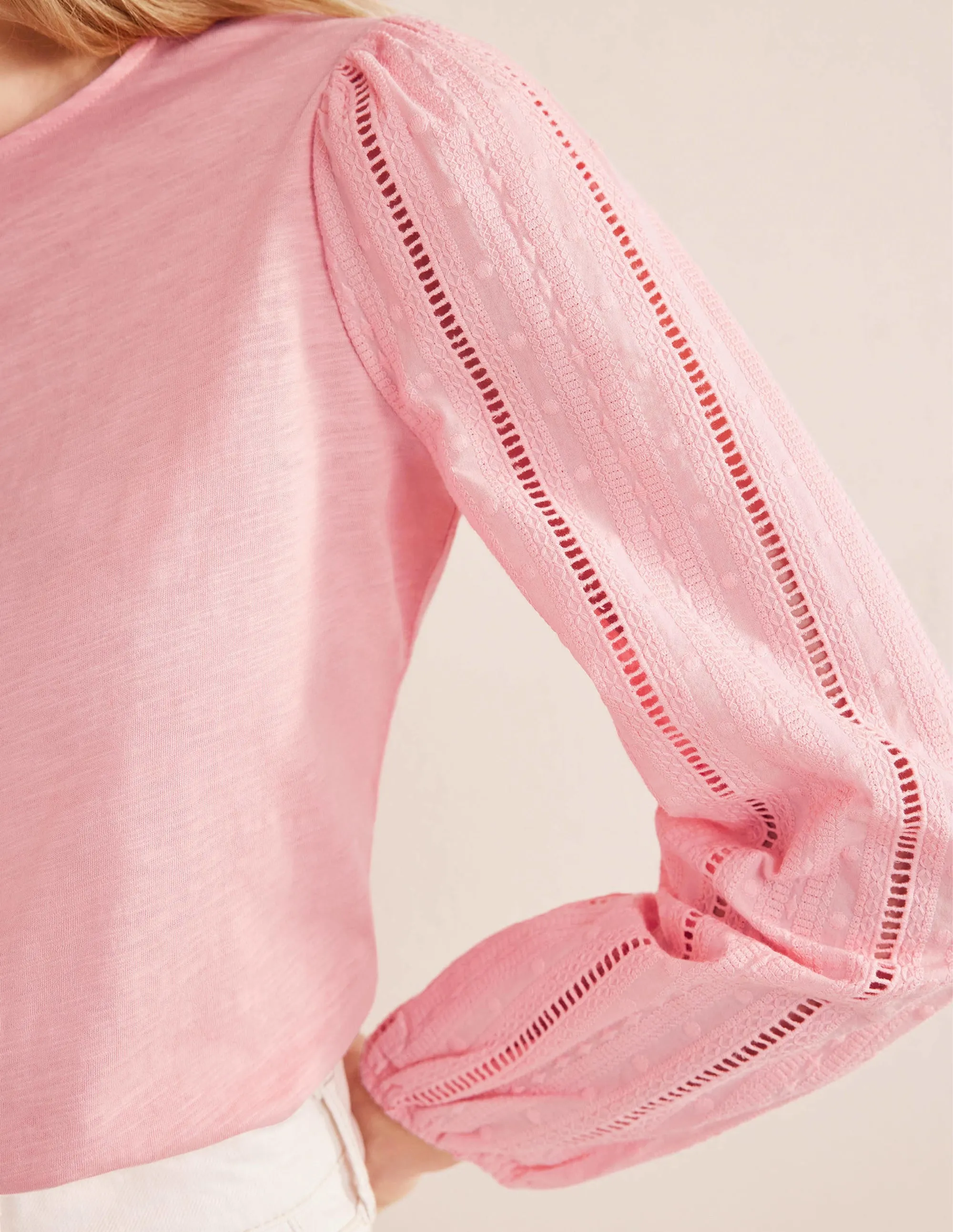 Crew Neck Broderie Sleeve Top-Dahlia Pink
