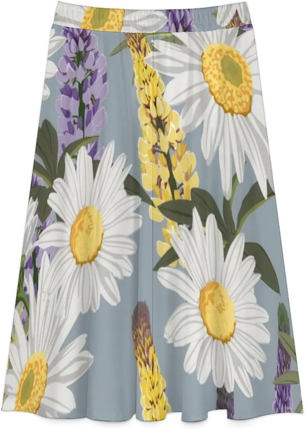 Cute Chamomile Lavender Printed Midi Skirt High Elastic Waist Ruffle Bohemia Autumn Skirt