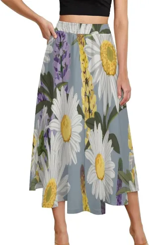 Cute Chamomile Lavender Printed Midi Skirt High Elastic Waist Ruffle Bohemia Autumn Skirt