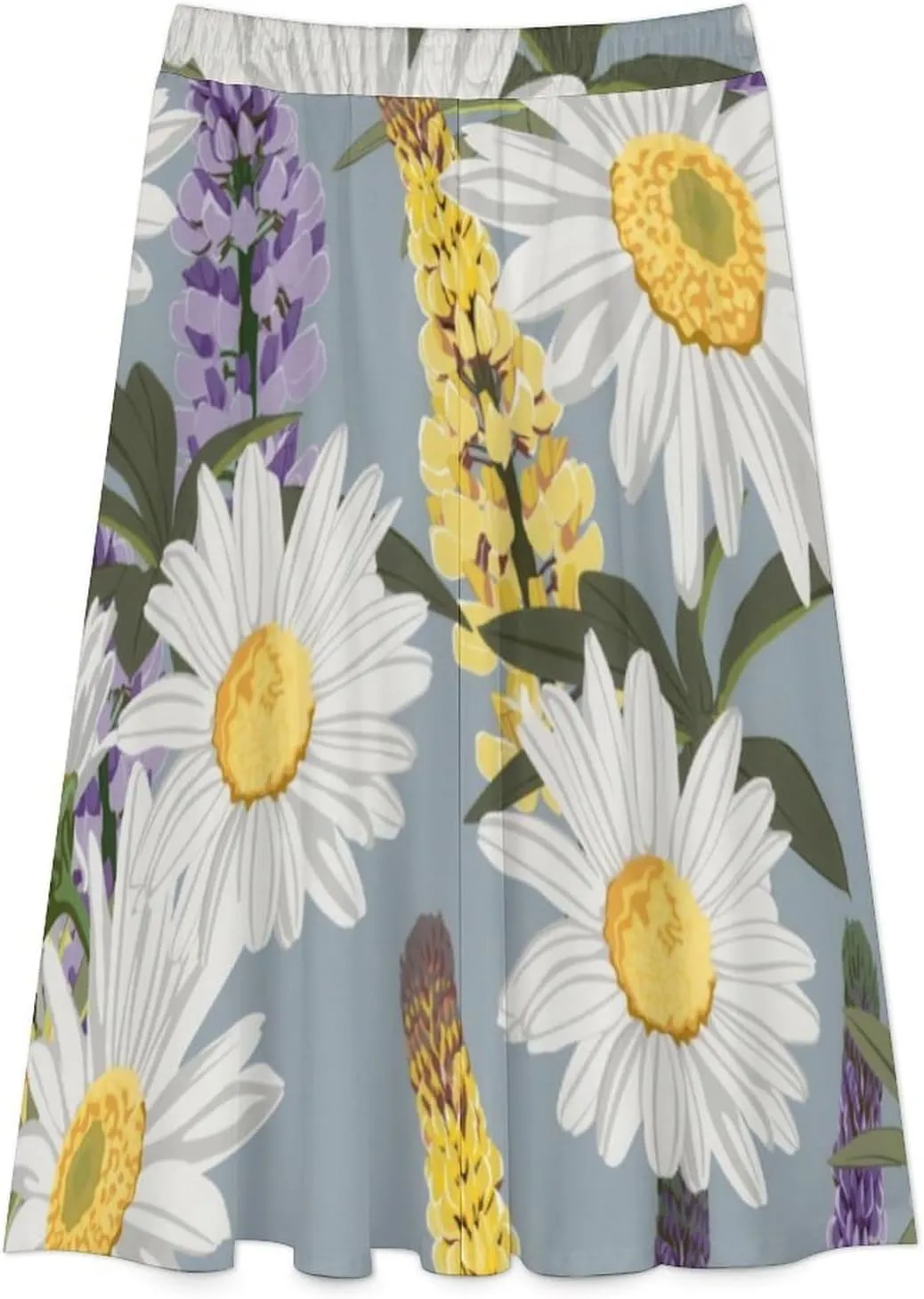 Cute Chamomile Lavender Printed Midi Skirt High Elastic Waist Ruffle Bohemia Autumn Skirt