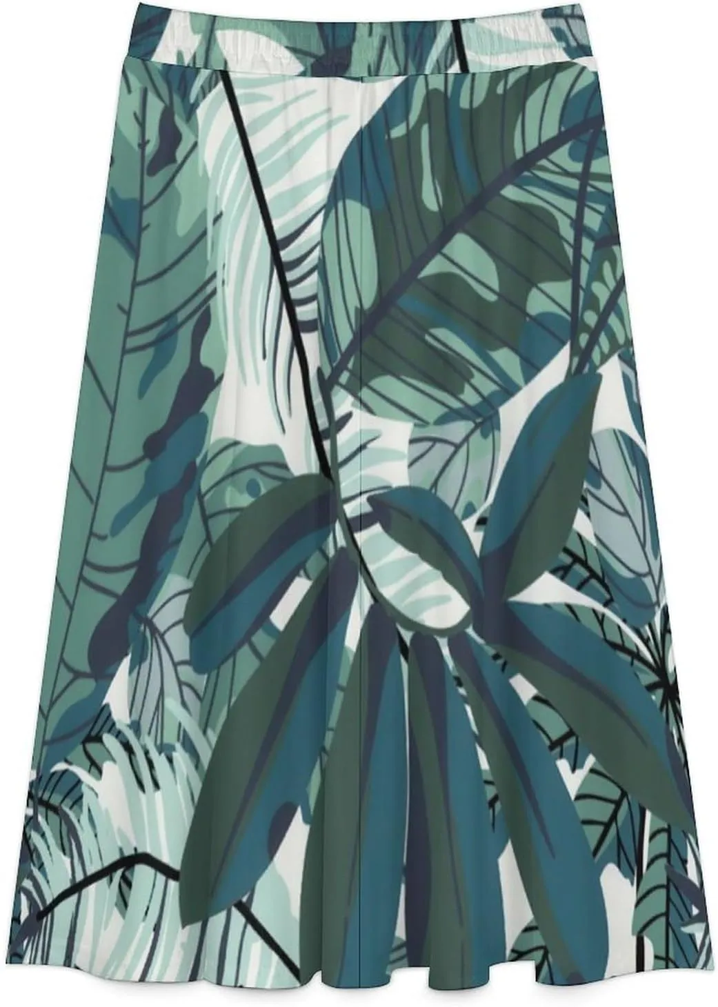 Cute Green Leaves Printed Midi Skirts High Elastic Waist Ruffle Boho Beach Skirt