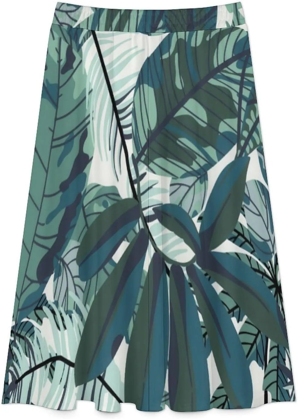 Cute Green Leaves Printed Midi Skirts High Elastic Waist Ruffle Boho Beach Skirt