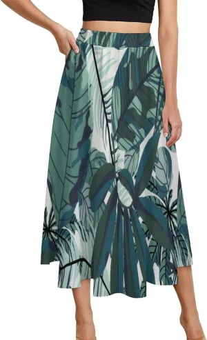 Cute Green Leaves Printed Midi Skirts High Elastic Waist Ruffle Boho Beach Skirt