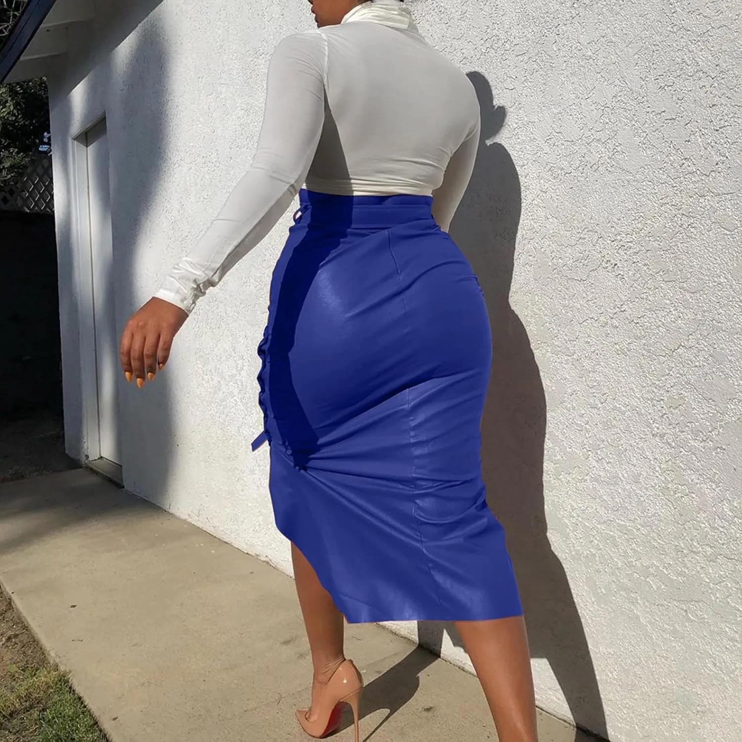 Daysskk Women's Faux Leather Pencil Skirt Asymmetrical Skirt High Waist