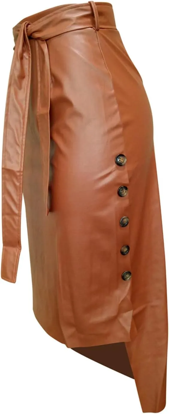 Daysskk Women's Faux Leather Pencil Skirt Asymmetrical Skirt High Waist