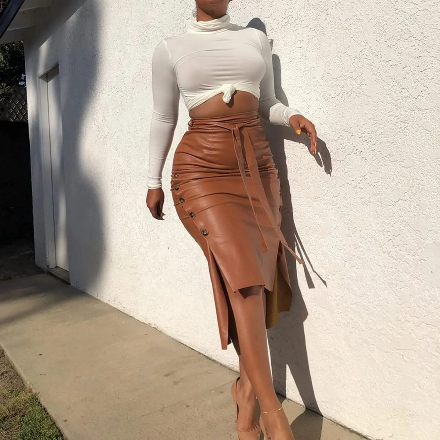 Daysskk Women's Faux Leather Pencil Skirt Asymmetrical Skirt High Waist