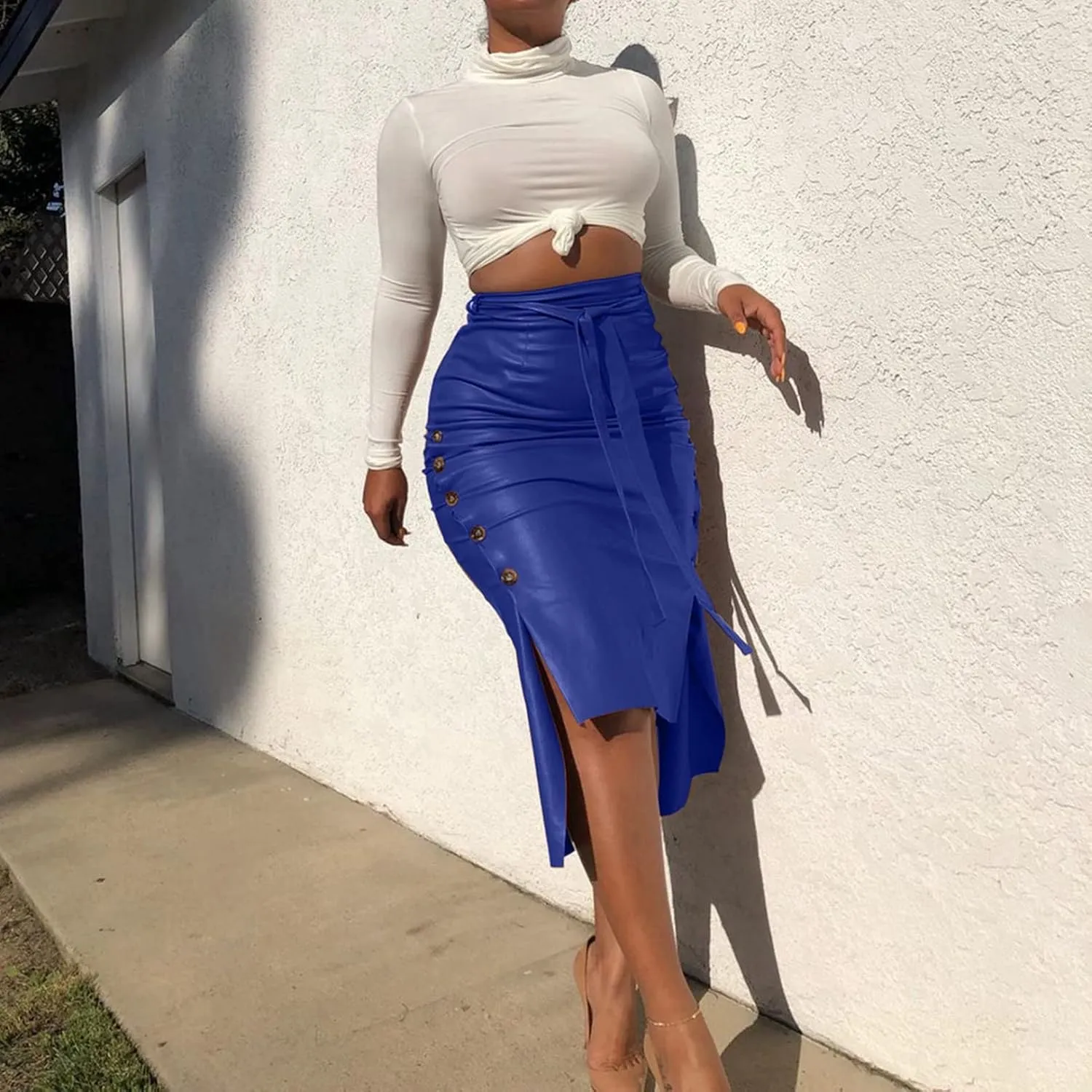 Daysskk Women's Faux Leather Pencil Skirt Asymmetrical Skirt High Waist