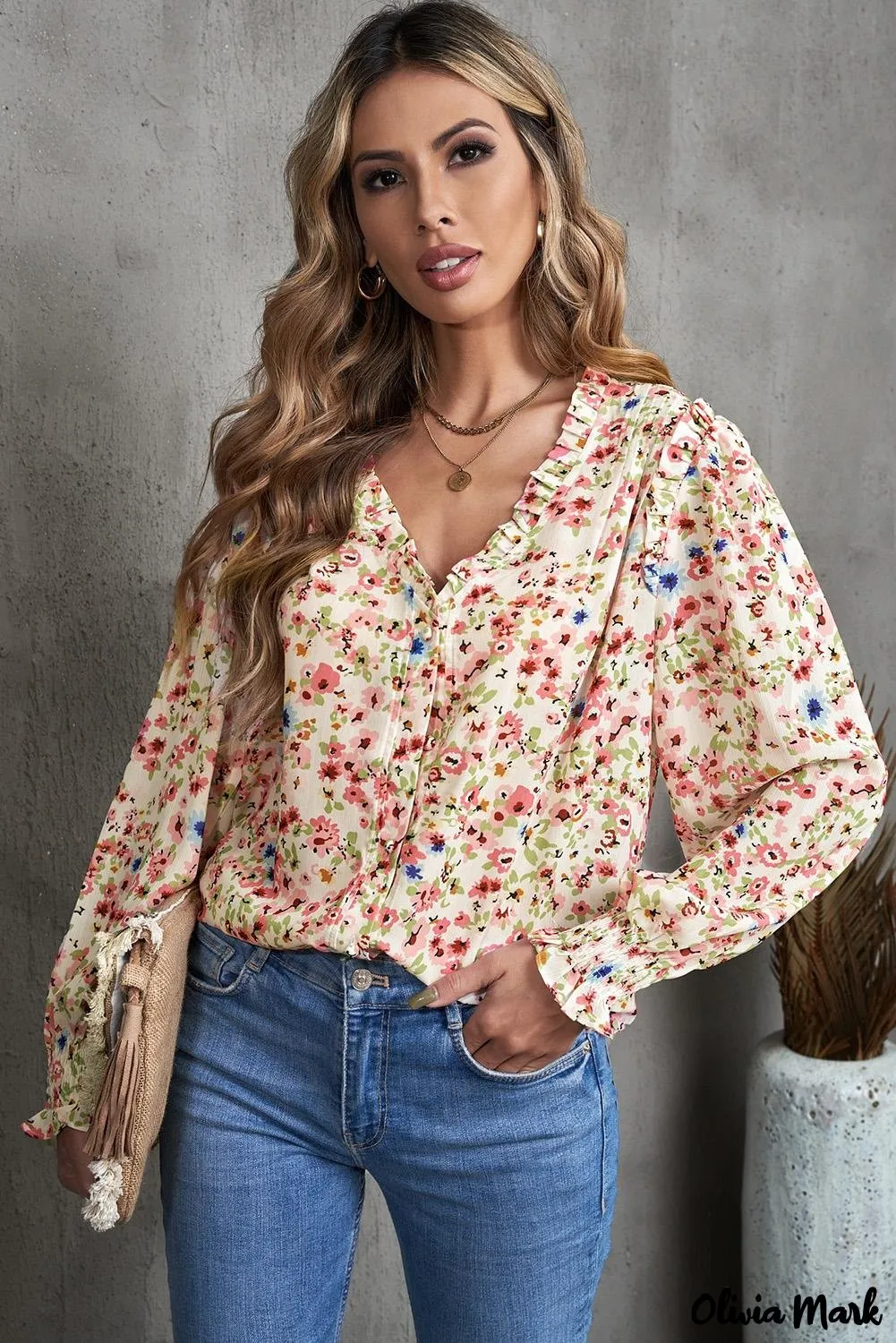 Deanwangkt - Floral Print V-Neck Long Sleeve Shirt