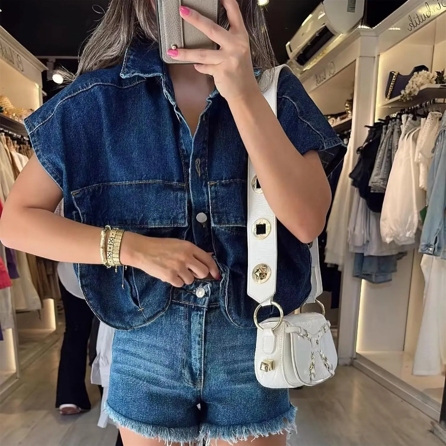 Denim Vest Women Button Down Polo Neck Cropped Loose Sleeveless Shirt Top Jean Jacket Coat with Pockets