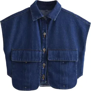 Denim Vest Women Button Down Polo Neck Cropped Loose Sleeveless Shirt Top Jean Jacket Coat with Pockets