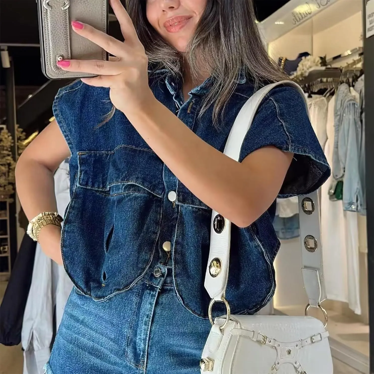 Denim Vest Women Button Down Polo Neck Cropped Loose Sleeveless Shirt Top Jean Jacket Coat with Pockets
