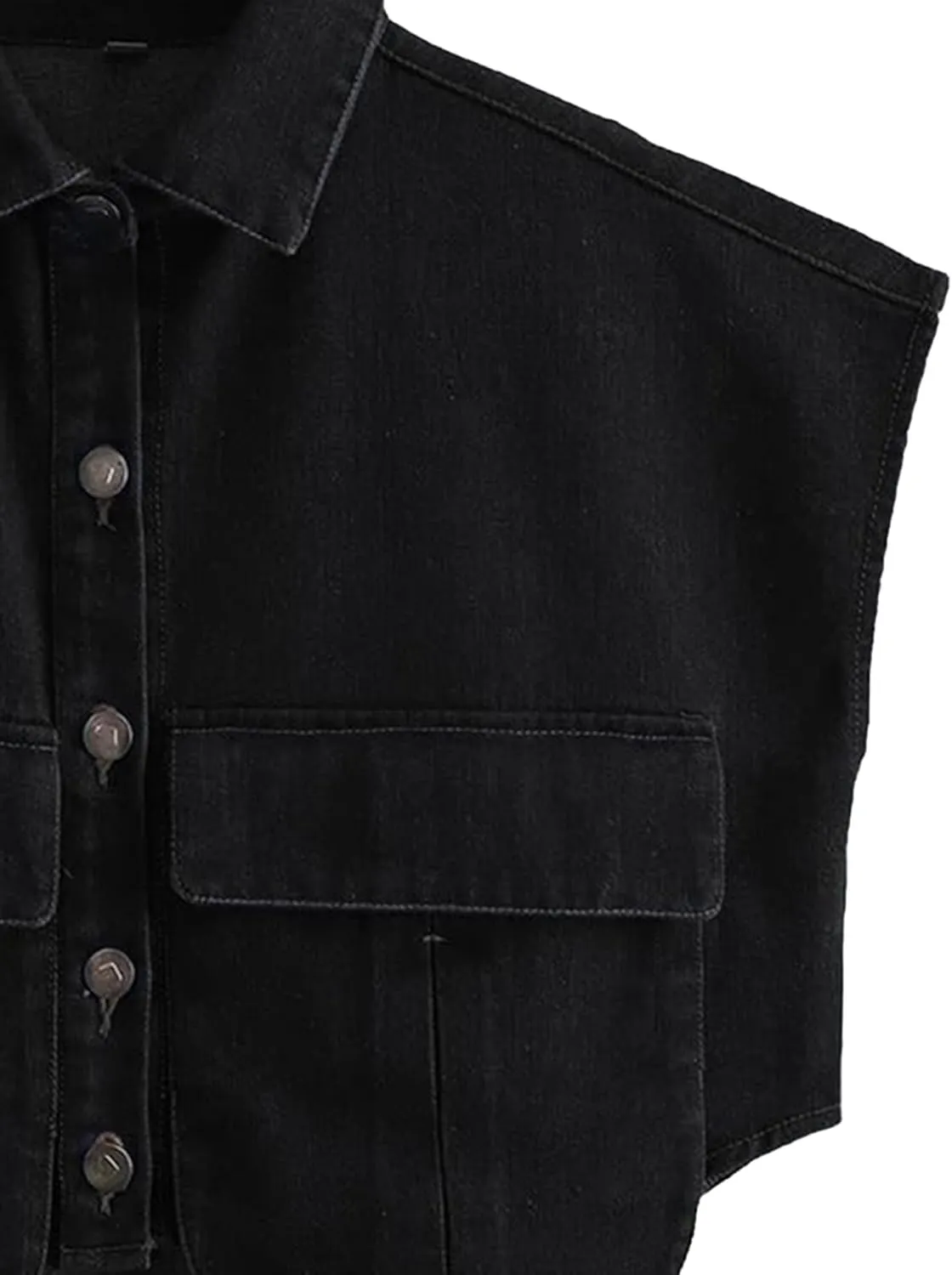 Denim Vest Women Button Down Polo Neck Cropped Loose Sleeveless Shirt Top Jean Jacket Coat with Pockets
