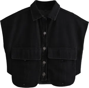 Denim Vest Women Button Down Polo Neck Cropped Loose Sleeveless Shirt Top Jean Jacket Coat with Pockets