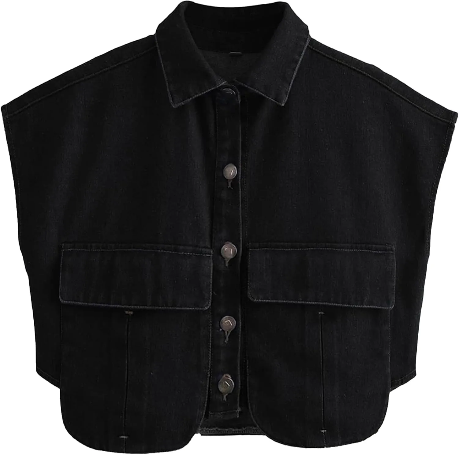 Denim Vest Women Button Down Polo Neck Cropped Loose Sleeveless Shirt Top Jean Jacket Coat with Pockets