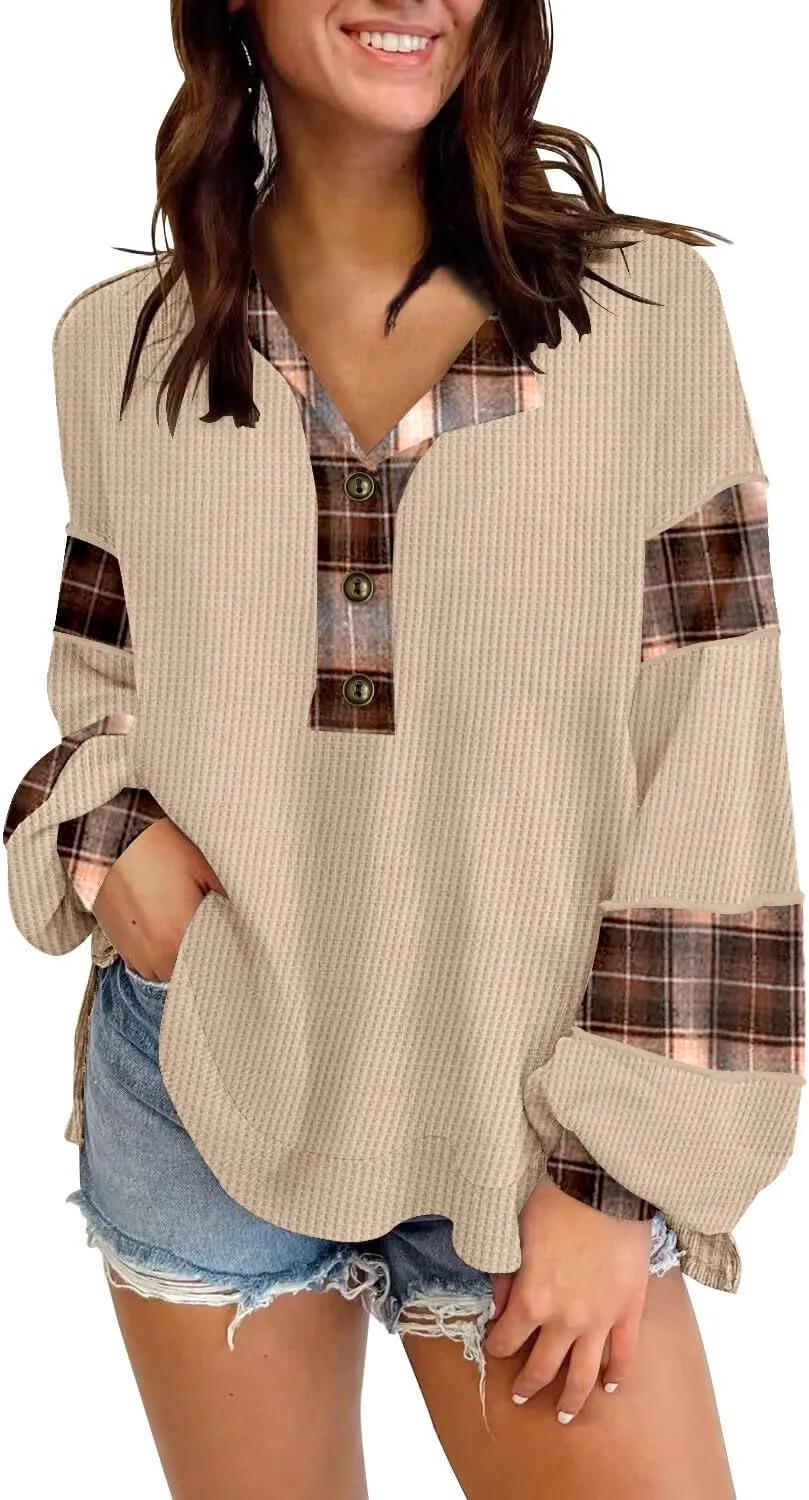 Disamer Sweatshirts for Womens Long Sleeve V Neck Striped Fashion Oversized T Shirts Casual Button Down Henley Neck Tops