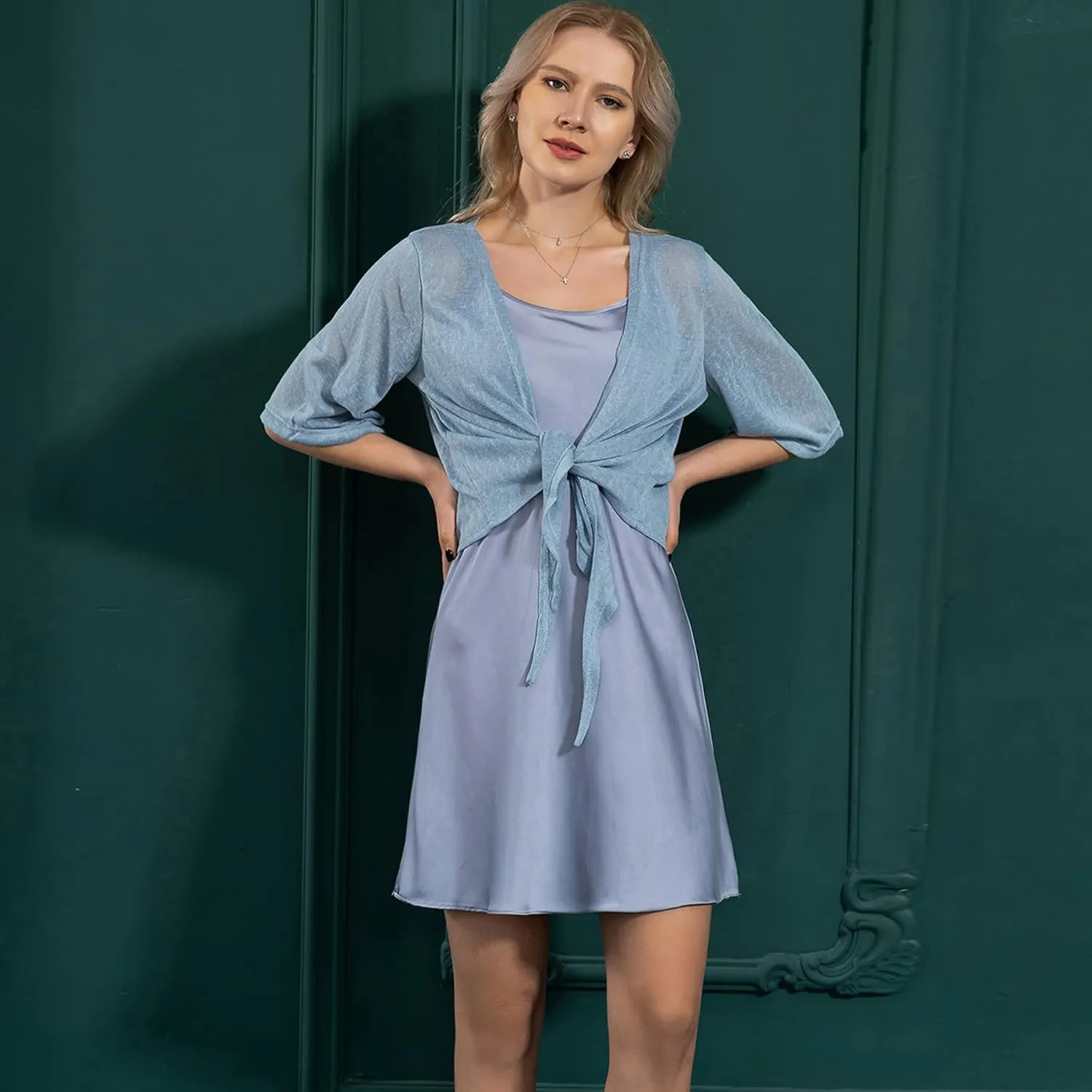 Dongfeng Women's 3/4 Sleeve Cropped Shrugs Lightweight Tie Front Sheer Chiffon Bolero Cardigan