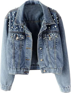 Duyang Women's Embroidered Pearls Rivet Denim Jacket Casual Loose Short Jean Coat