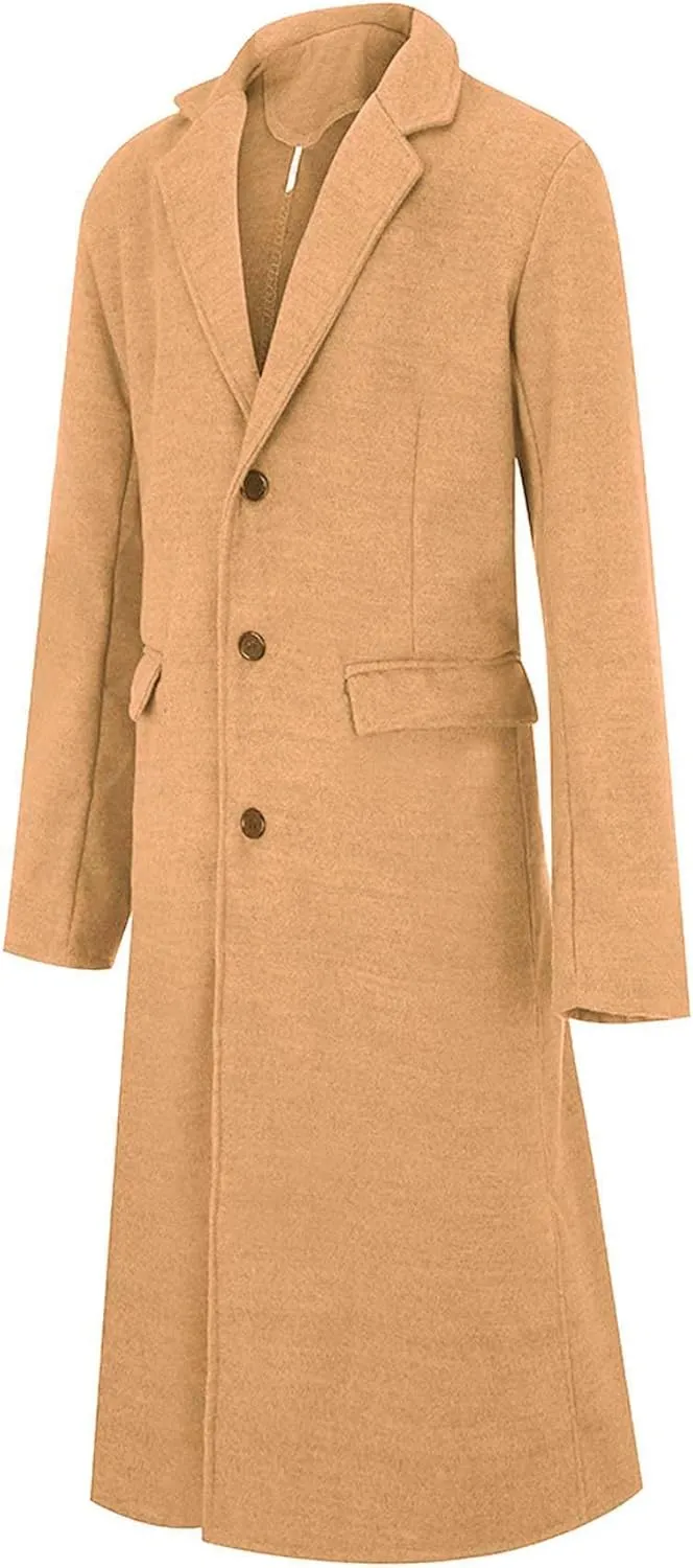 ECDAHICC Men's Slim Fit Single Breasted Trench Coat Winter Pea Coat Notch Lapel Long Casual Overcoat wih Pockets