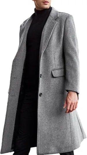 ECDAHICC Men's Slim Fit Single Breasted Trench Coat Winter Pea Coat Notch Lapel Long Casual Overcoat wih Pockets