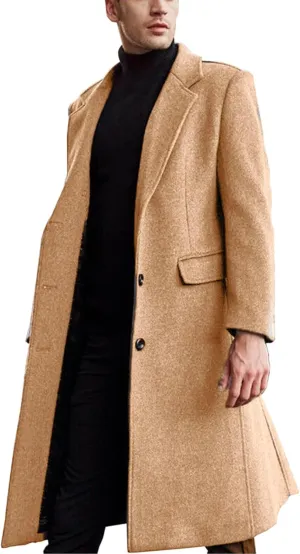 ECDAHICC Men's Slim Fit Single Breasted Trench Coat Winter Pea Coat Notch Lapel Long Casual Overcoat wih Pockets